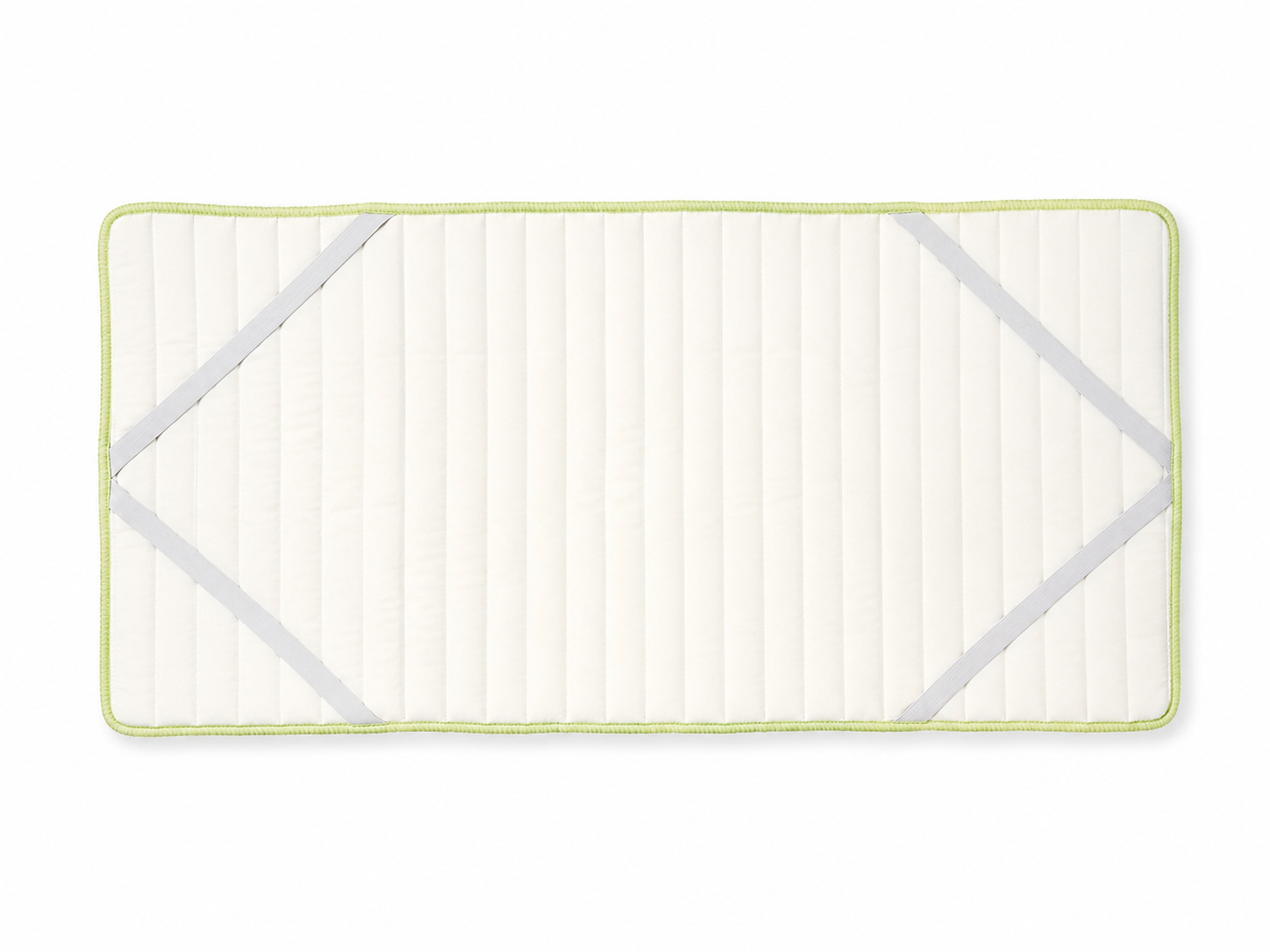 Materasso rettangolare bianco con motivo a foglie verde chiaro e bordo cucito.