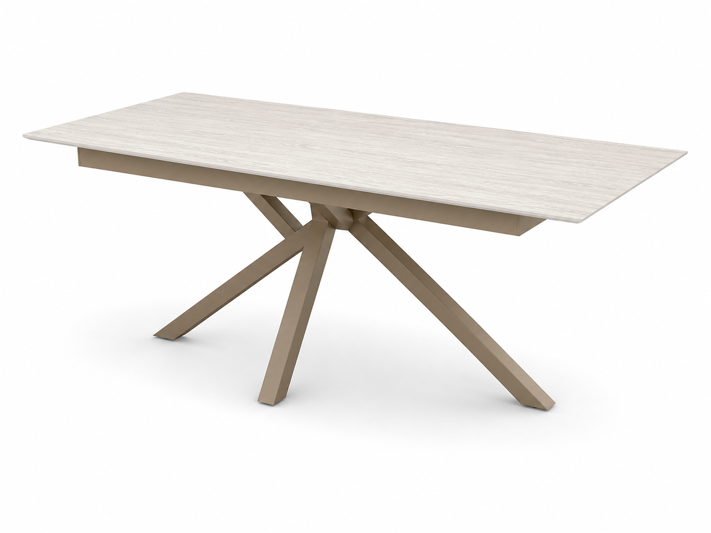 Tavolo da pranzo moderno beige con piano rettangolare e gambe in legno angolate.
