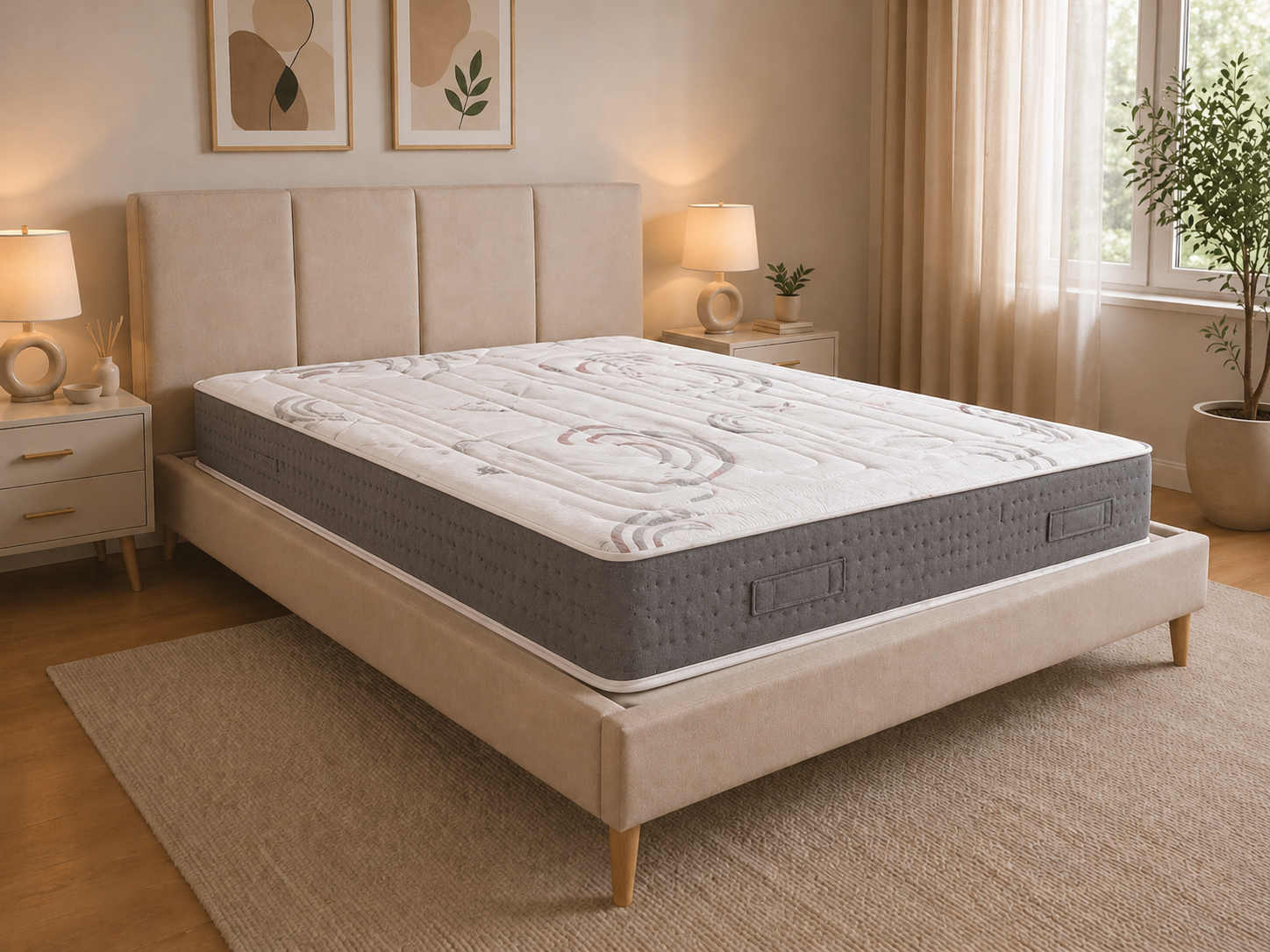 Camera da letto beige con letto, comodini, quadri incorniciati e tende morbide in una calda luce naturale.