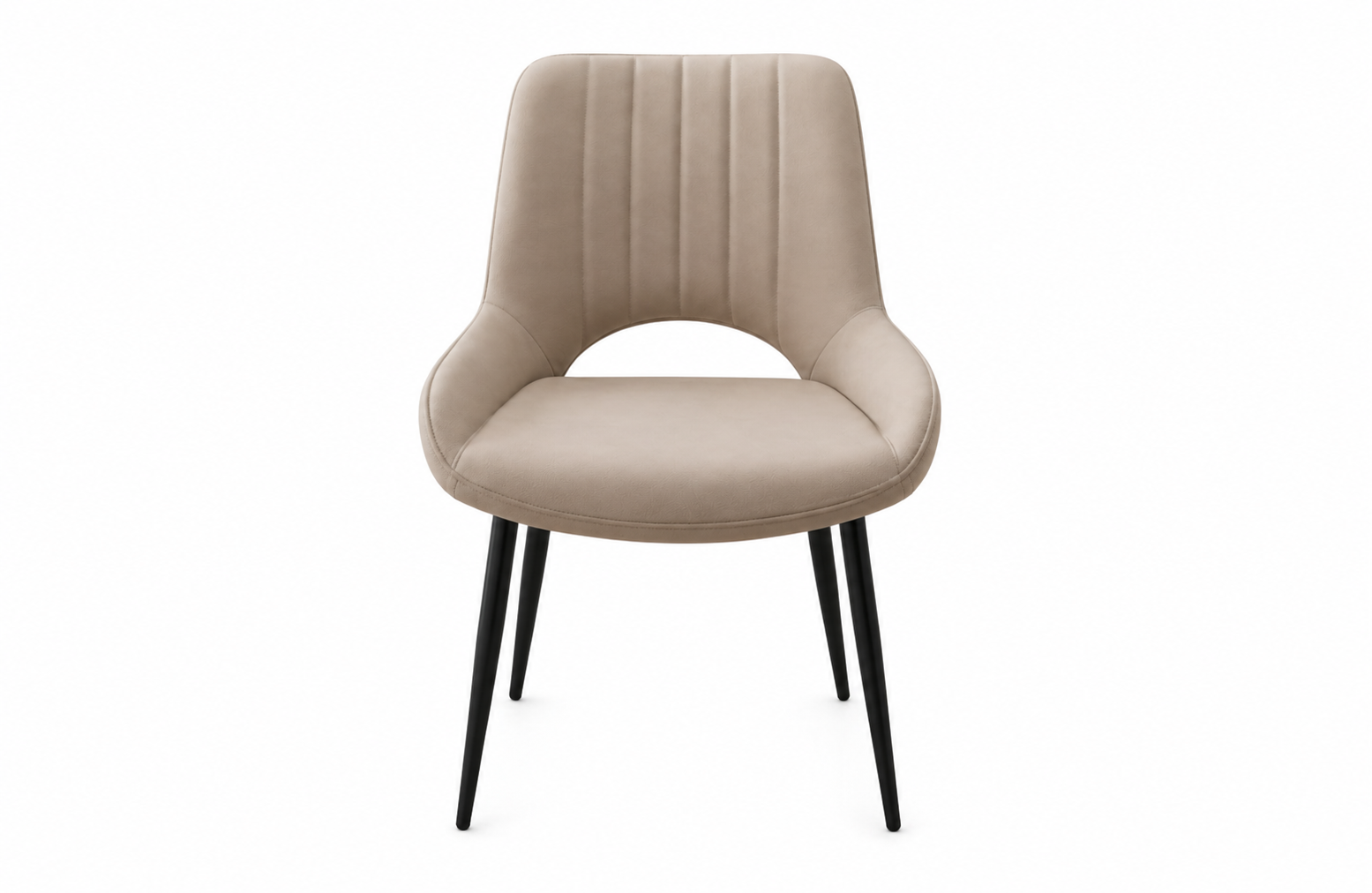Sedia da pranzo imbottita beige con gambe affusolate nere su sfondo bianco.