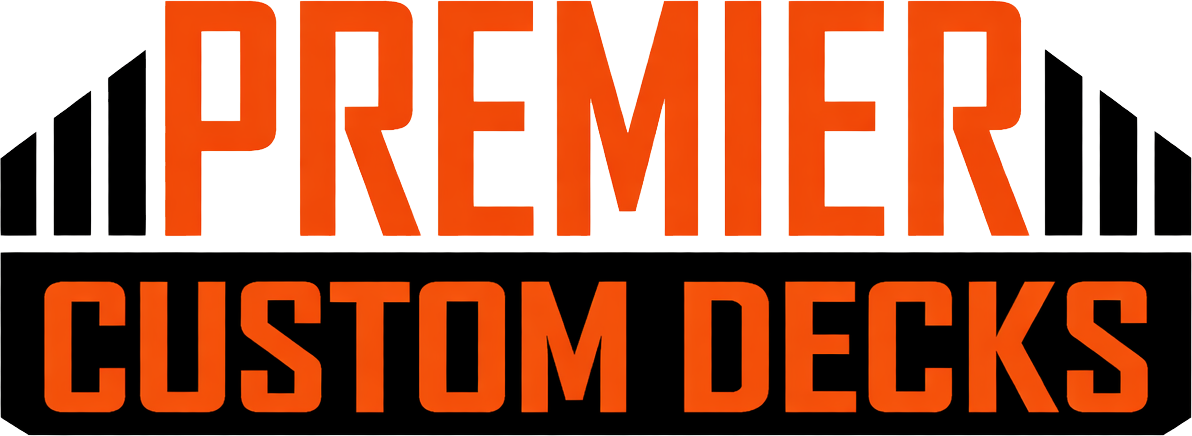 Logo for "Premier Custom Decks" with orange text on a black background, featuring stylized vertical bars on the sides.