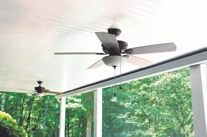 Two dark-colored ceiling fans with light kits installed on a white-paneled ceiling of an outdoor screened-in porch.