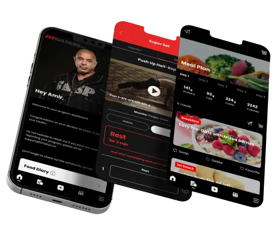 Three mobile phones showcasing a fitness app with workout videos, meal plans, and a trainer's profile.
