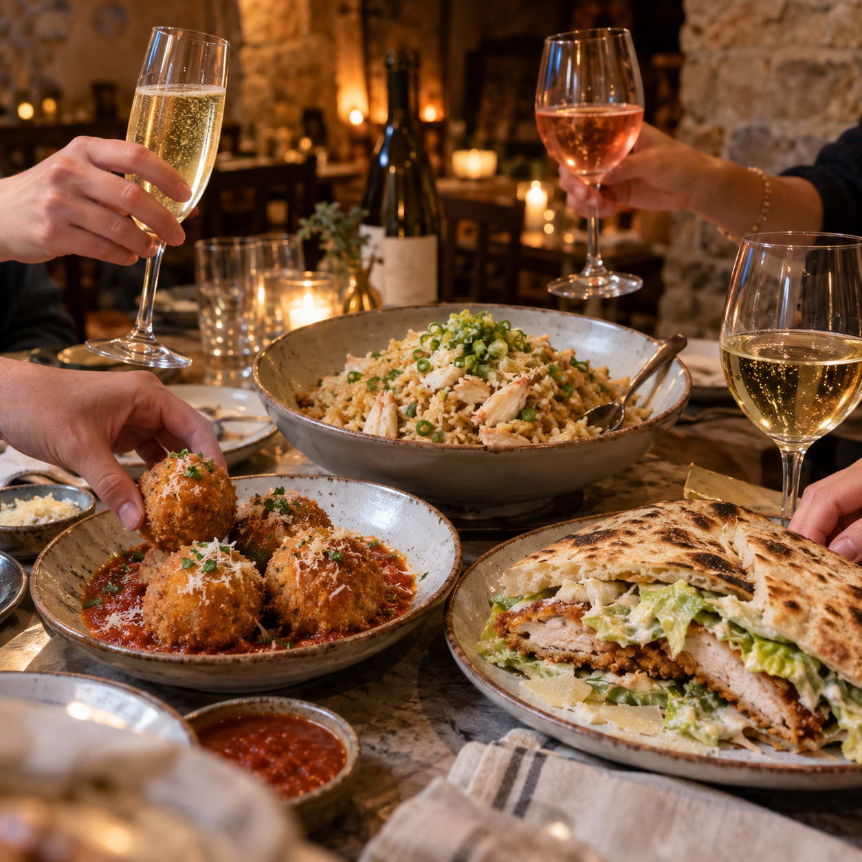 Friends sharing arancini, crab fried rice and a chicken Caesar piadina with sparkling and white wine