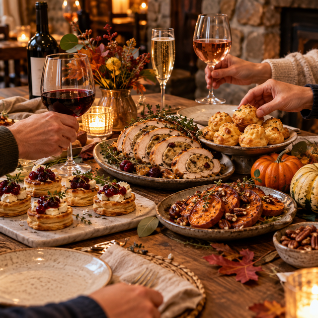 An autumn table with Thanksgiving bites and glasses of wine