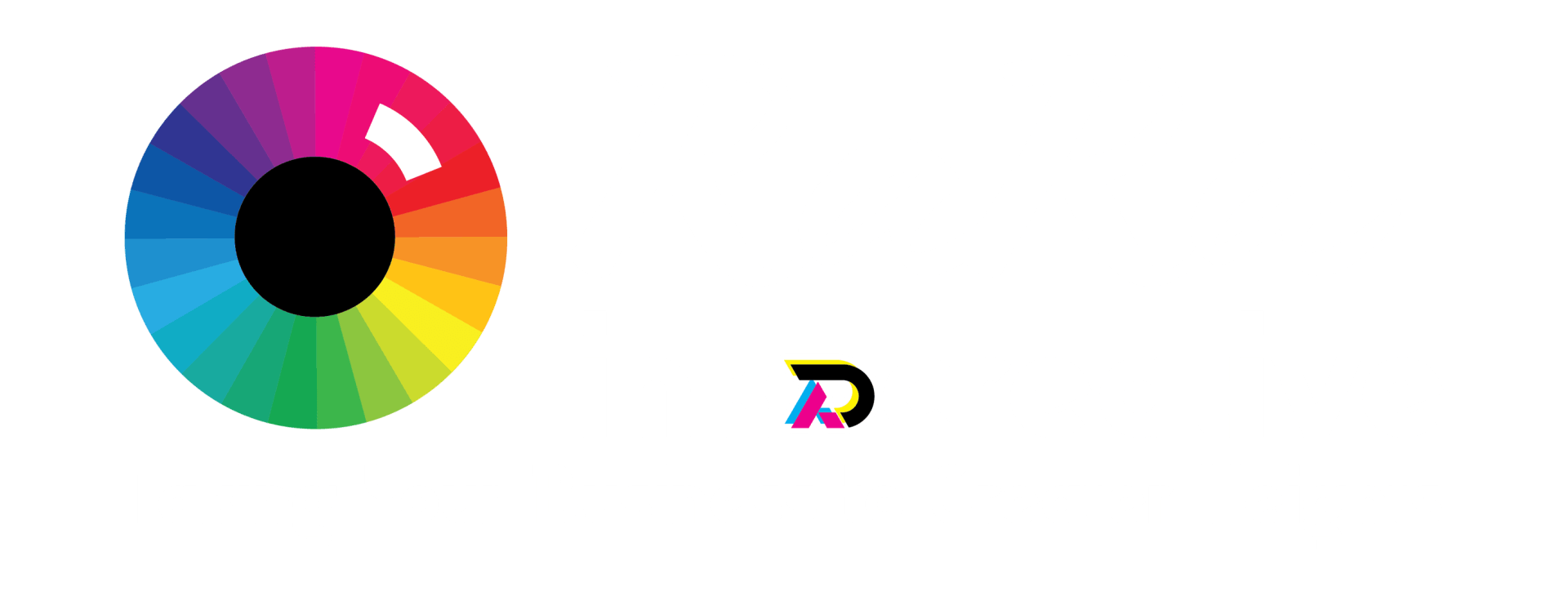 Color wheel icon with a small multicolor logo on a white background