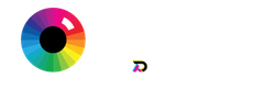 Color wheel icon with a small multicolor logo on a white background