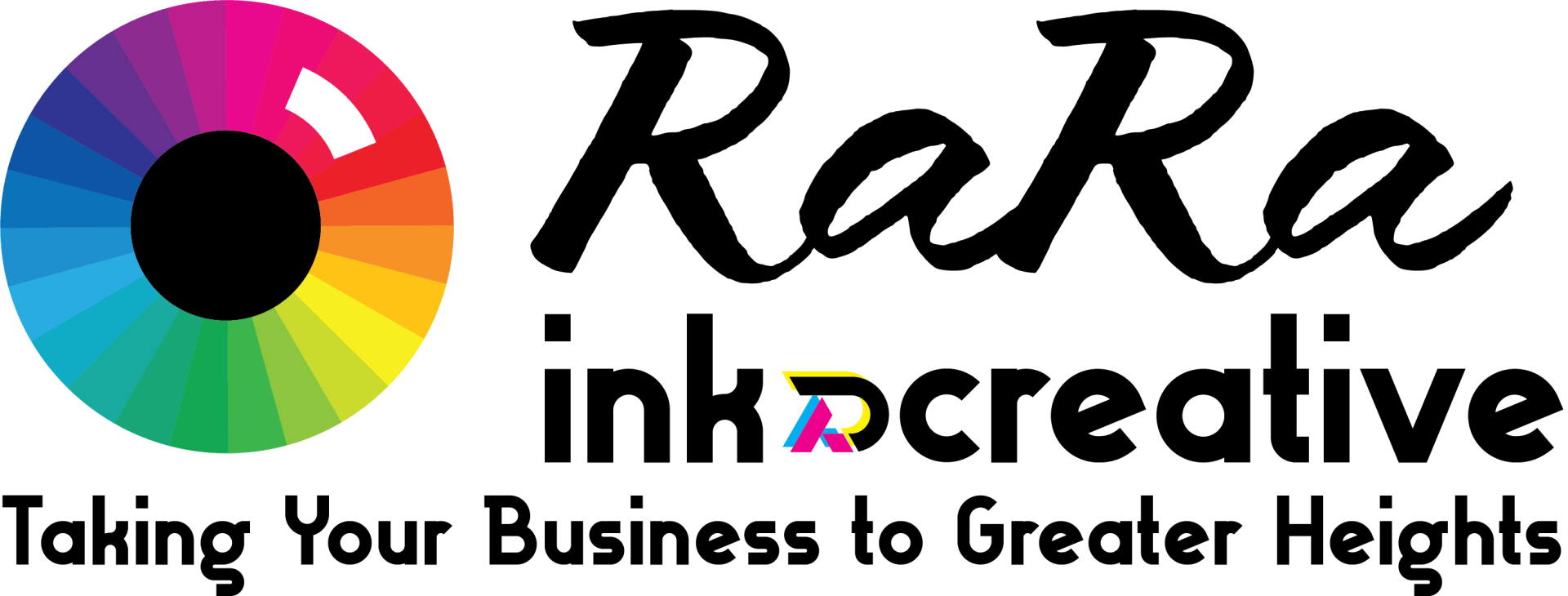 RaRa inkcreative logo with multicolor wheel icon and tagline “Taking Your Business to Greater Heights”
