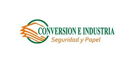 Logotipo de Conversion E Industria con un círculo verde y un icono de pila de papel naranja