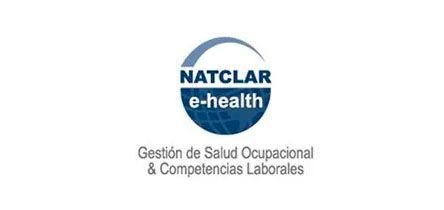 Logo of NATCLAR e-health featuring a blue globe icon and the text "Gestión de Salud Ocupacional & Competencias Laborales".