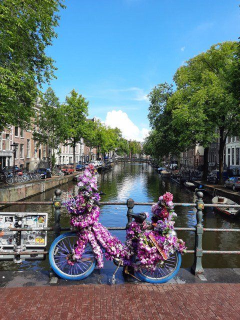 Met bloemen versierde fiets geparkeerd op een brug over een gracht in Amsterdam