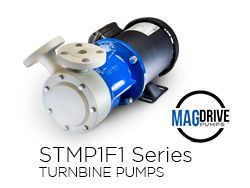 A white and blue MagDrive STMP1F1 Series turbine pump.