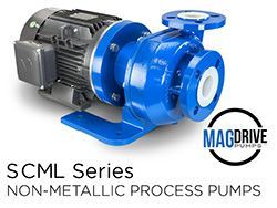 Blue SMCL Series non-metallic process pump with a motor and a white outlet, labeled