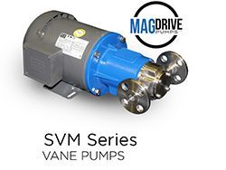 An industrial SVM Series vane pump with a blue and silver body and flanged connections, with the