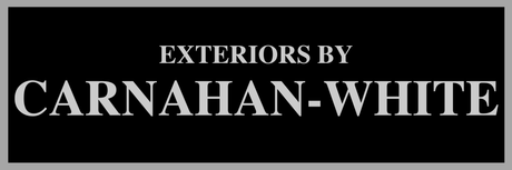 A black sign that says exteriors by carnahan-white | Best roofing company springfield mo