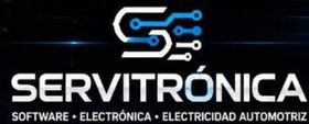 Logo de Servitrónica en blanco y azul sobre fondo negro, con lema de software, electrónica y electricidad automotriz