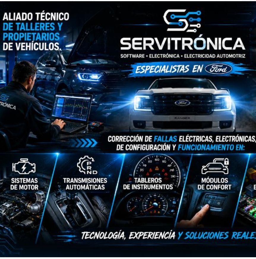 Banner promocional de la tienda de reparación de automóviles Servitrónica, con coches