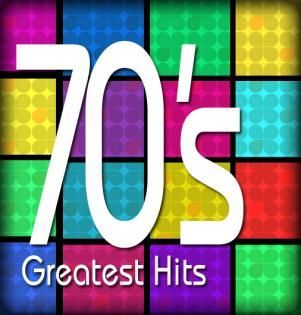 70’s Greatest Hits text over colorful retro grid background