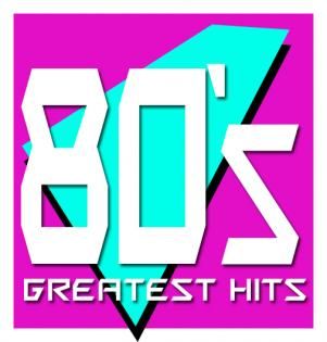 80s Greatest Hits album art with white 3D text on a bright pink and cyan background