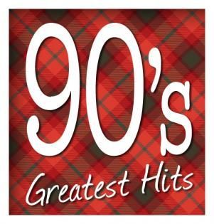 Red plaid album cover reading “90’s Greatest Hits” in white script and bold lettering