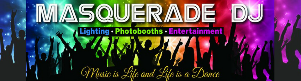 Masquerade DJ logo with colorful concert silhouettes and lighting, plus “Music, Life and Fun to Dance” text