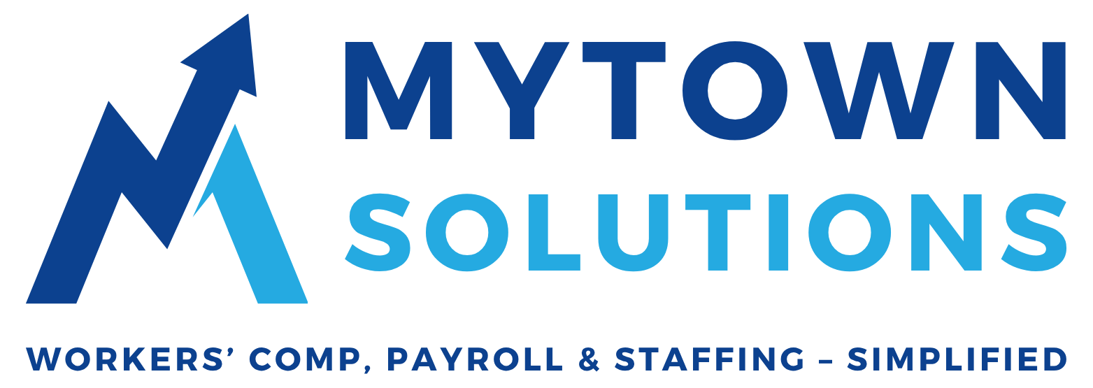 MyTown Solutions logo with blue upward arrow and tagline: workers’ comp, payroll, and healthcare simplified