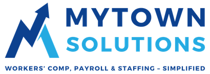 MyTown Solutions logo with blue upward arrow and tagline: workers’ comp, payroll, and healthcare simplified