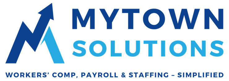 MyTown Solutions logo with blue upward arrow and tagline: workers’ comp, payroll & healthcare simplified