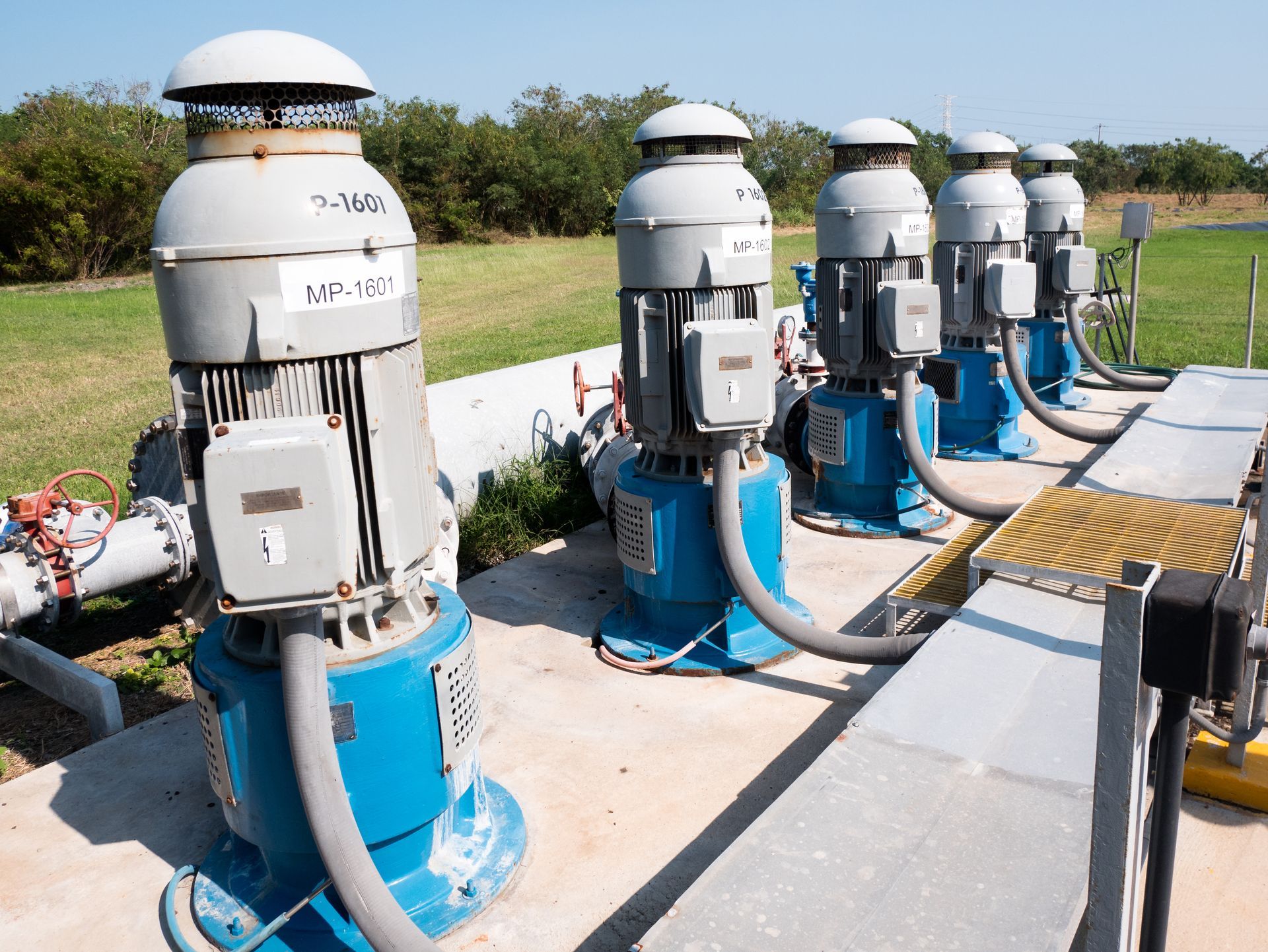 Row of blue industrial pumps with gray motors on a concrete pad beside a grassy field