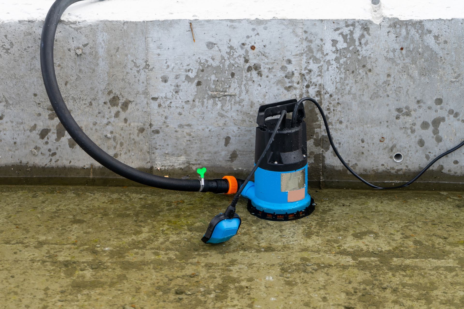 Blue-and-black submersible pump beside a concrete wall, with hose attached on a wet floor.