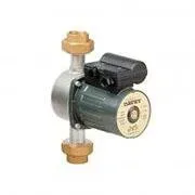Small black and silver circulator pump with brass fittings on a white background