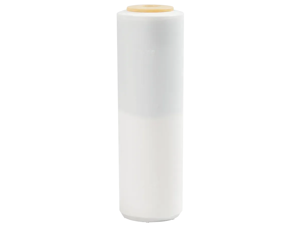 White cylindrical battery or cartridge with gold top on a plain white background