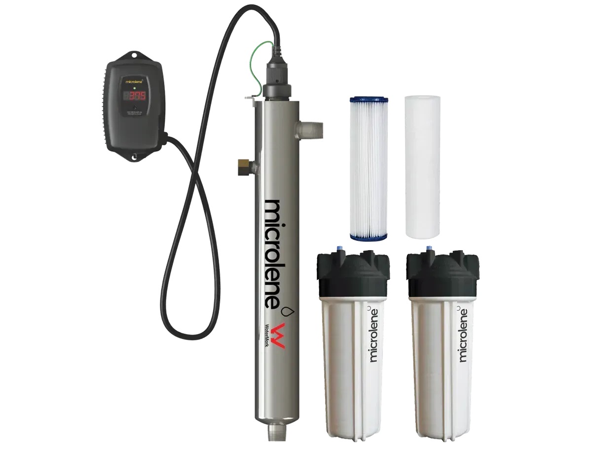 Portable stainless-steel water filter system with black pump and two filter cartridges