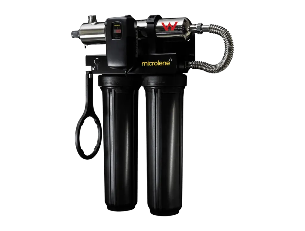 Black water filtration system with dual cartridges and a braided hose