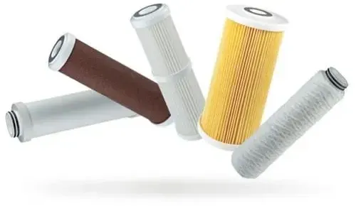 Assorted cylindrical air filter cartridges in white, brown, yellow, and gray, arranged on a white background