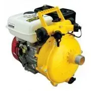 Yellow and white portable engine with a black handle and red wheel housing
