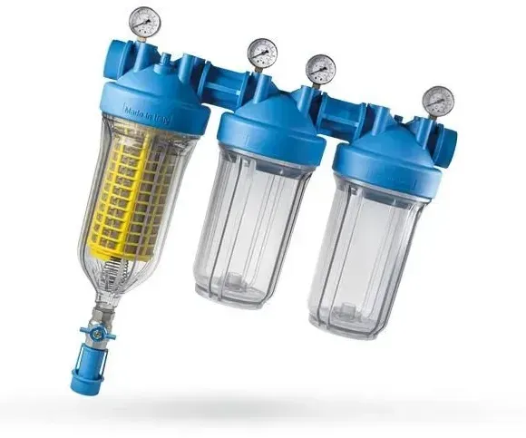 Blue inline water filter system with four transparent canisters and pressure gauges