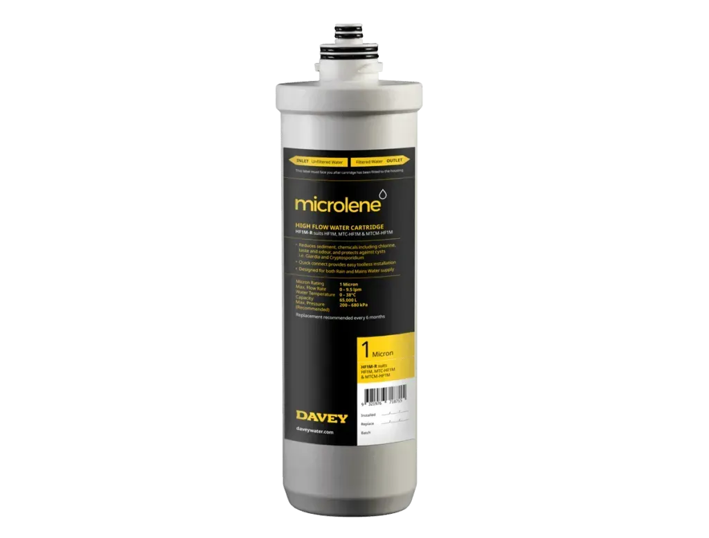 Black and gray water filter cartridge with yellow label on white background