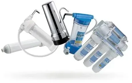 Collage of water filtration faucet attachments and countertop filter cartridges in white, blue, and chrome