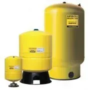 Three yellow cylindrical tanks of different sizes with labels and black bases, arranged together on white background