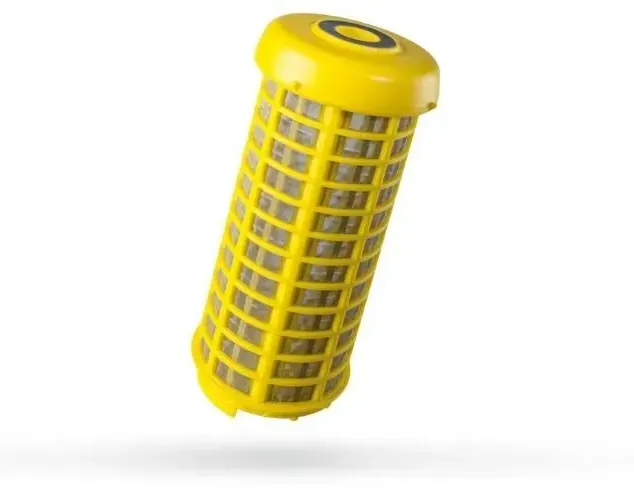 Yellow cylindrical plastic mesh filter/strainer with a rounded top, shown on a white background