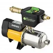 Two small black and metallic inline water pumps, one with a yellow motor housing, on a white background