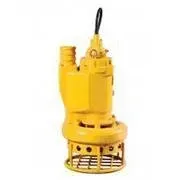 Yellow submersible water pump with a black power cord and metal intake cage