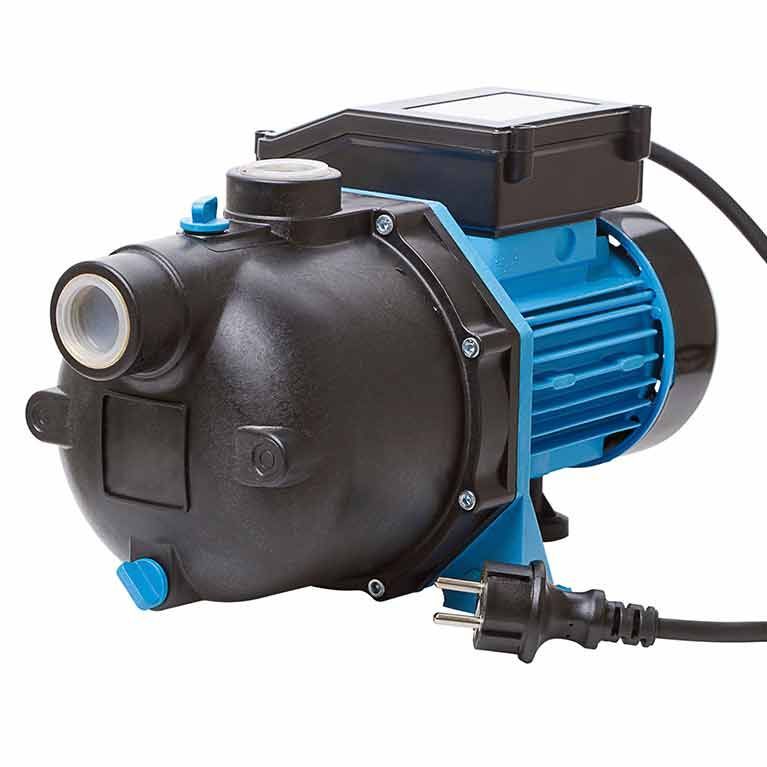 Blue and black electric water pump with power cord on a white background