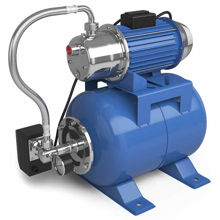 Blue industrial water pump with motor and stainless steel piping mounted on a tank base