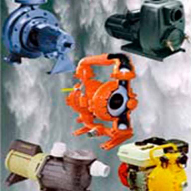 Four industrial pumps in blue, green, orange, gray, and yellow against a cloudy gray background