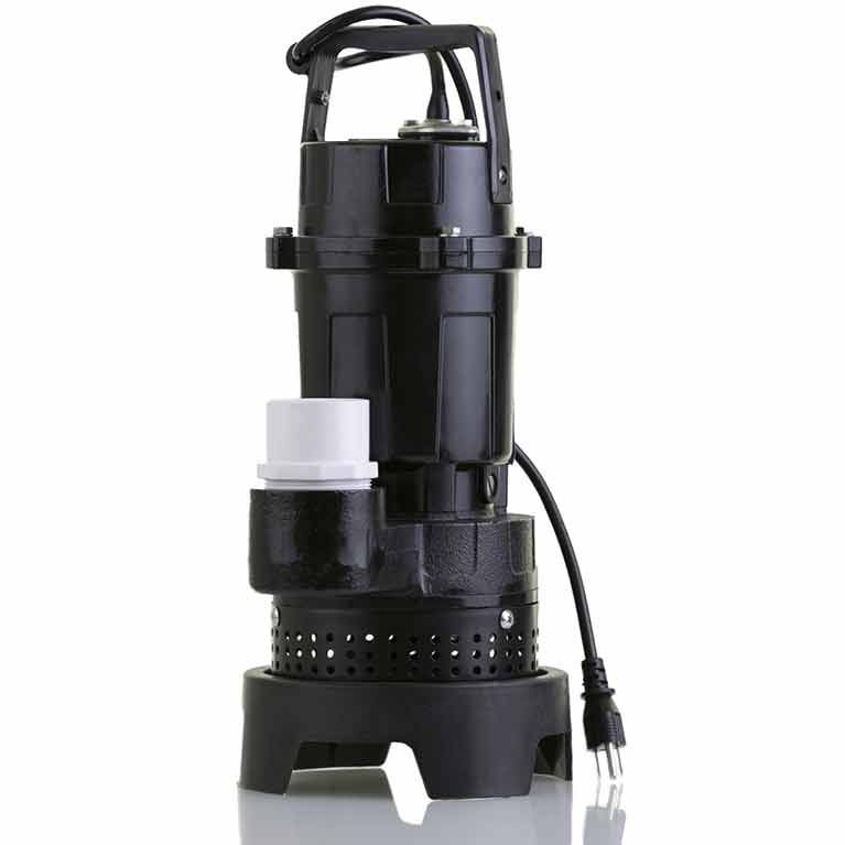 Black submersible water pump with power cord and white outlet fitting, isolated on white background