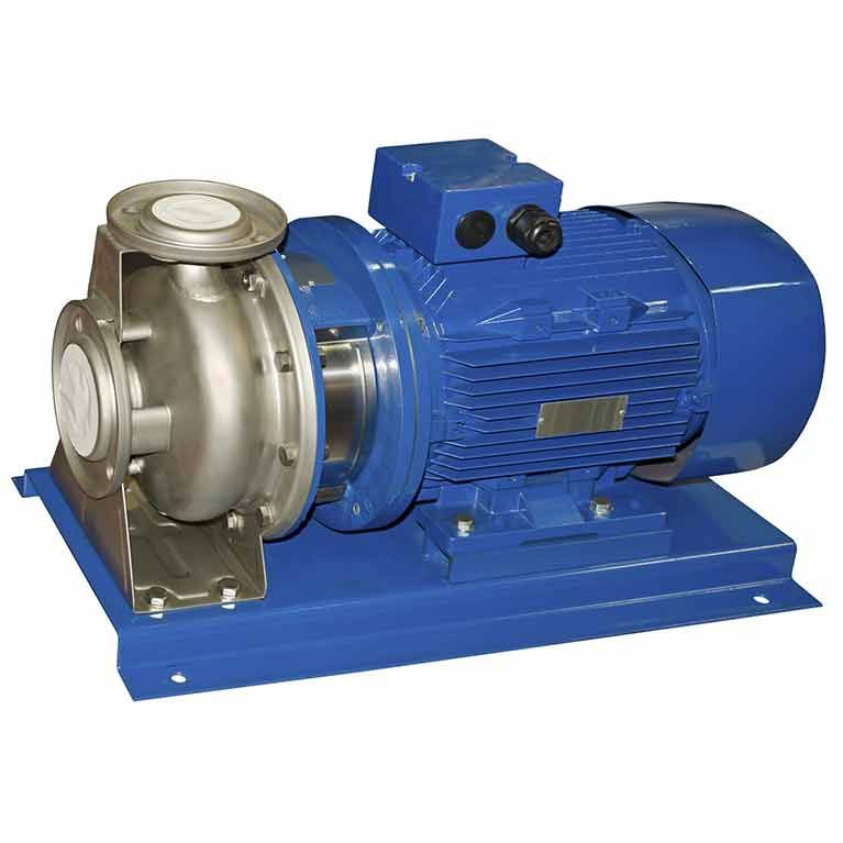 Blue industrial pump motor mounted on a base, with silver pump housing on the left.