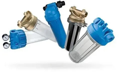 Assorted blue and gold industrial filter housings on a white background