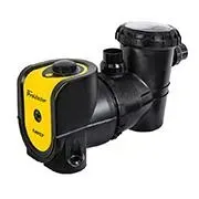 Black and yellow in-line pool pump with cylindrical housing and filter attachment